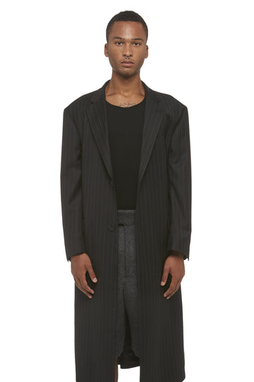 Black Pinstripe Drop Shoulder Overcoat