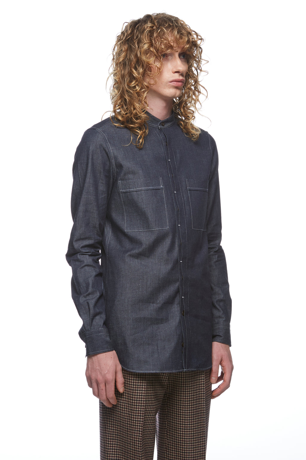Collarless outlet denim shirt