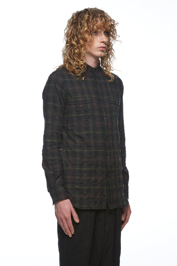 Green Plaid Collarless Shirt