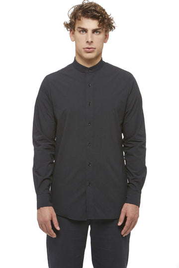 Black Cotton Mandarin Collar Shirt
