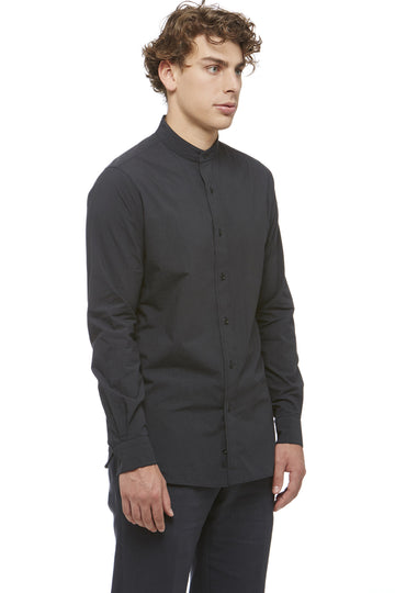 Black Cotton Mandarin Collar Shirt
