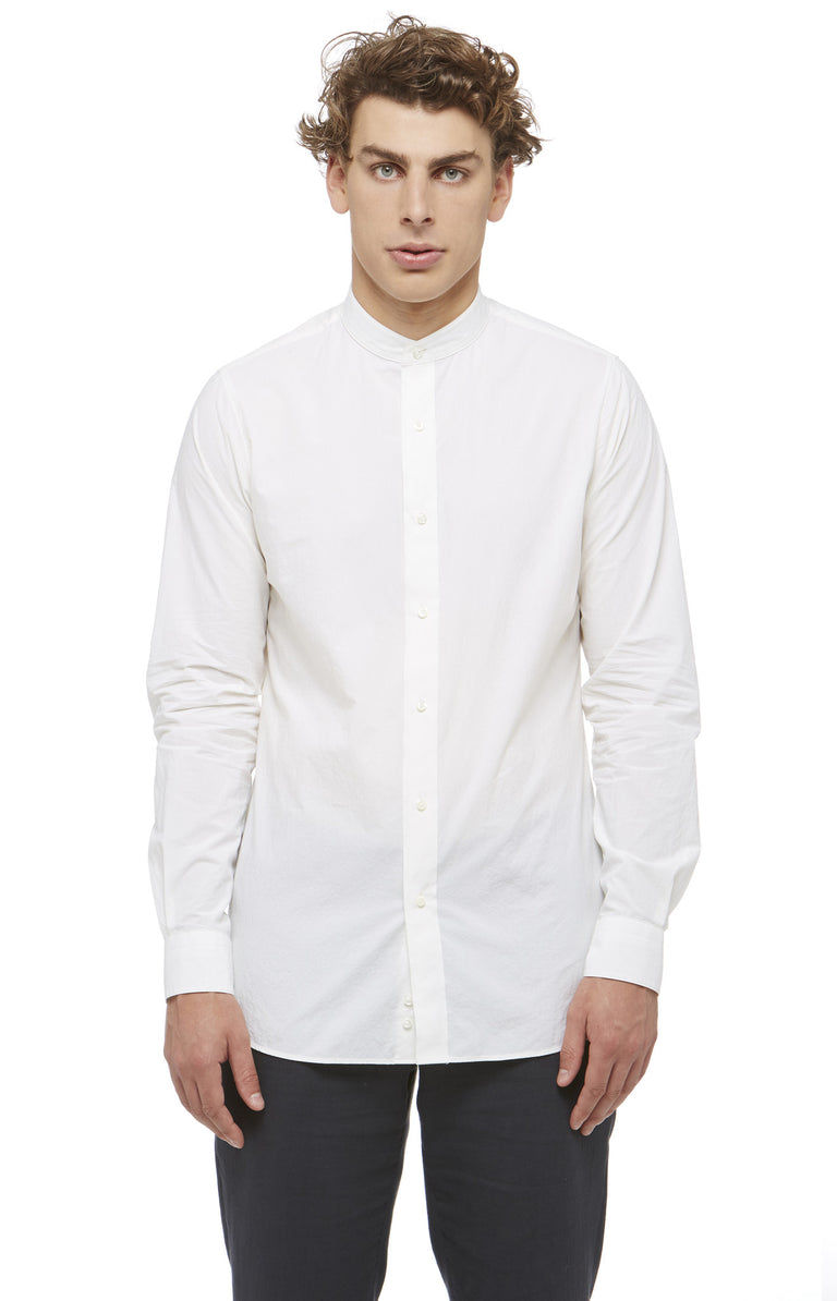 White Cotton Mandarin Collar Shirt