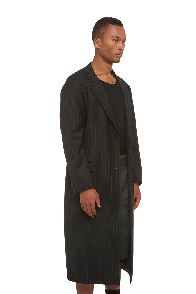 Black Pinstripe Drop Shoulder Overcoat